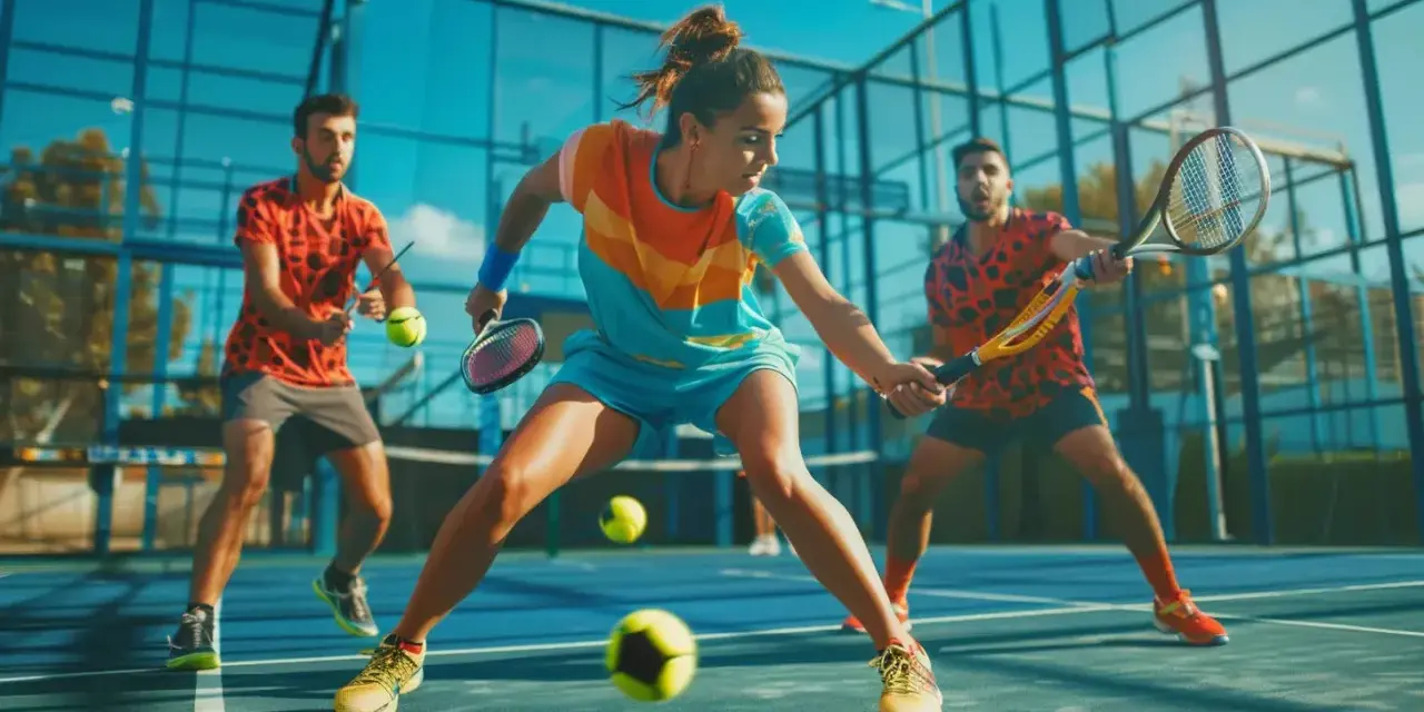 Två män och en kvinna spelar padel. Kvinnan slår bollen, redo att följa padel regler.