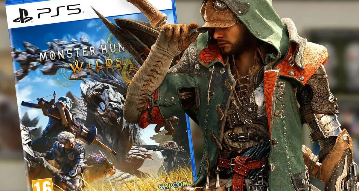 Cazador con armadura detallada junto a la carátula de PS5 de Monster Hunter Wilds, listo para la aventura.
