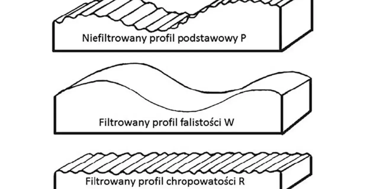 Trzy profile powierzchni: podstawowy, falistości i chropowatości R. Różnice w ich wyglądzie wynikają z zastosowanych filtrów.