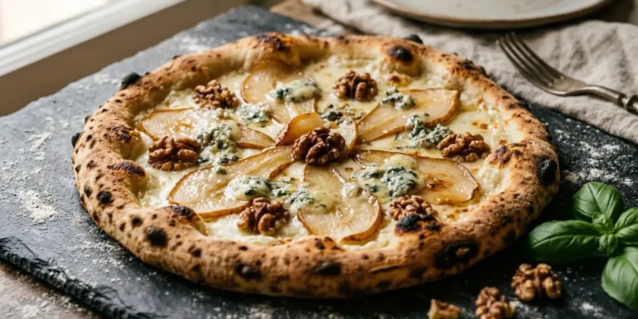 Wykwintna pizza bianca z gruszką, orzechami włoskimi i serem pleśniowym, idealna na elegancką kolację.