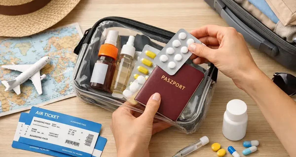 Przygotowanie do podróży: jak przewozić leki w samolocie Ryanair. Paszport, bilety, kosmetyczka z lekami i termometr.