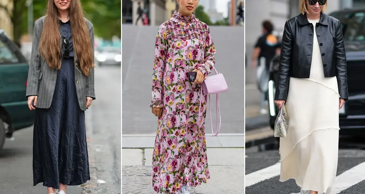 Tre donne con abiti lunghi e sneakers bianche: una con blazer grigio, una con abito floreale rosa, l'altra con giacca in pelle nera.