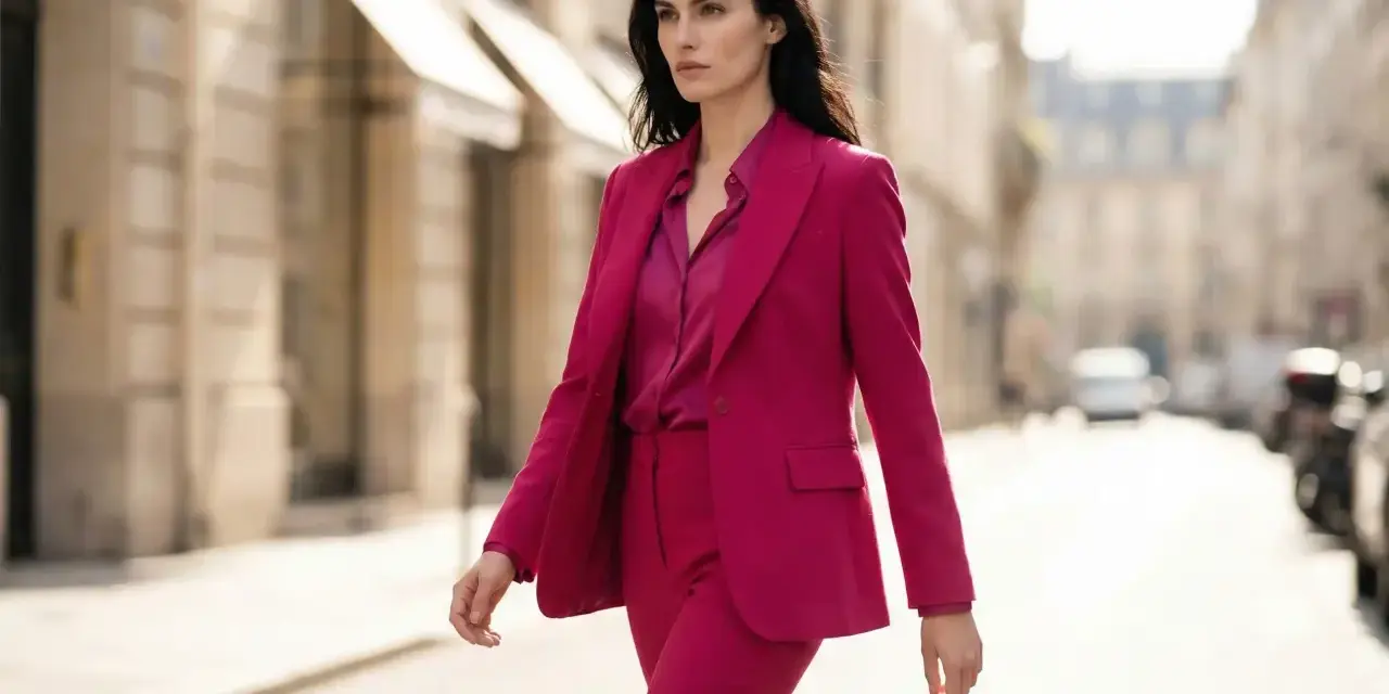 Kobieta w eleganckim garniturze w intensywnym fuksja kolorze idzie ulicą.