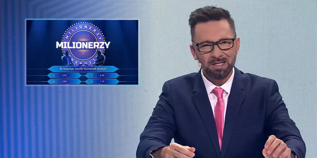 Prowadzący "Milionerzy" pyta: "Ile kosztuje zwykły bochenek chleba?". Na ekranie widać opcje odpowiedzi.