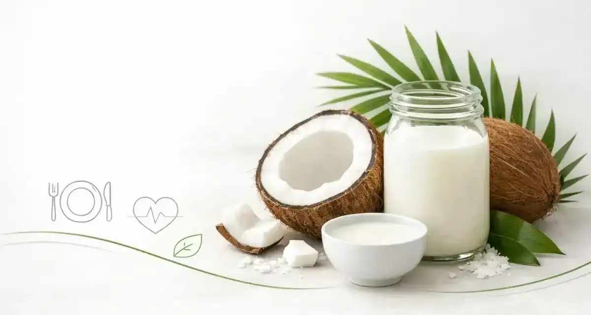 Czy mleczko kokosowe z puszki jest zdrowe? Na zdjęciu kokosy, mleczko w słoiku i miseczce, liście palmy. Obok ikony talerza i serca.