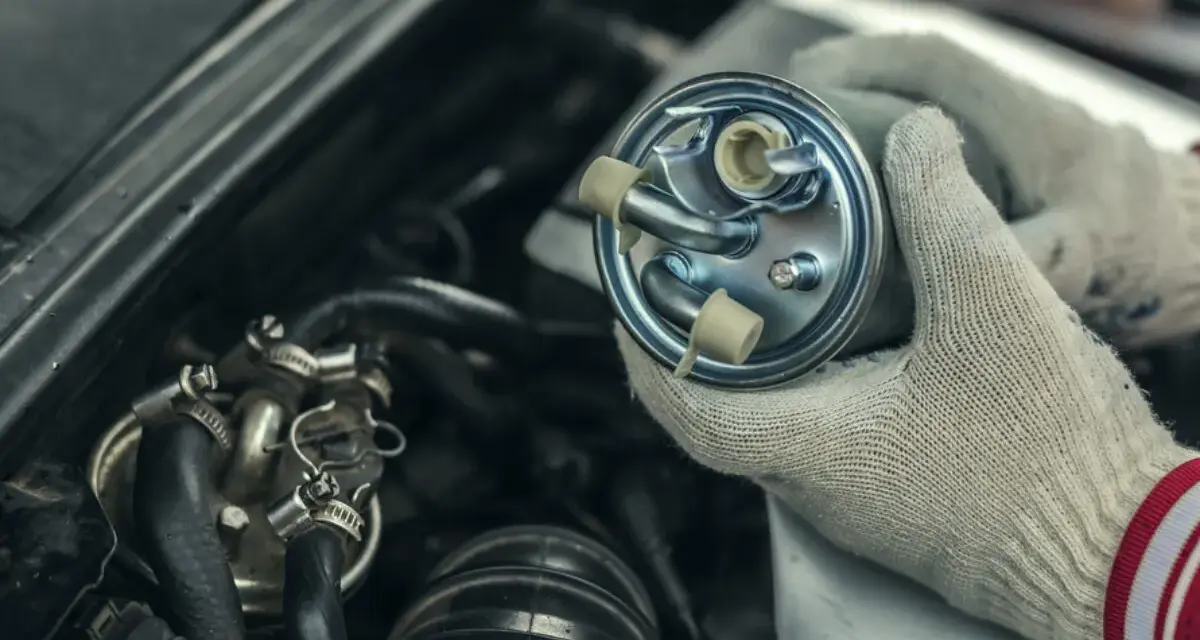 Hände mit Handschuhen halten einen neuen Kraftstofffilter bereit, um den alten im Motorraum zu wechseln.