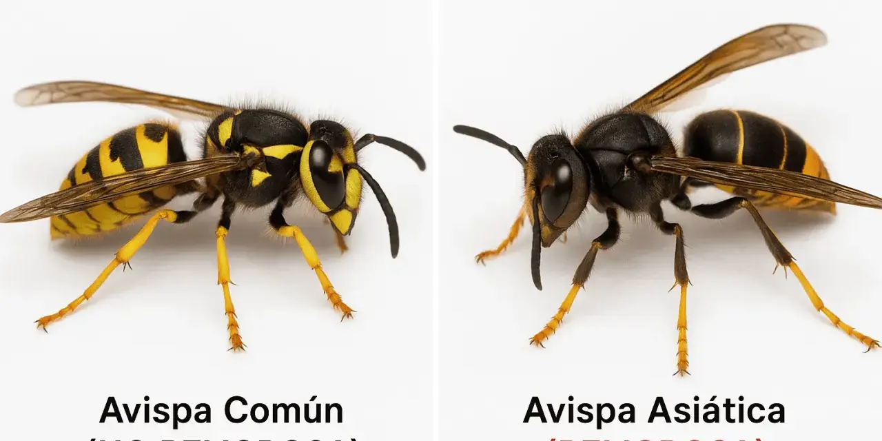 Comparación visual: avispa común (no peligrosa) vs. avispa asiática (peligrosa). Observa la diferencia entre velutina y avispa.