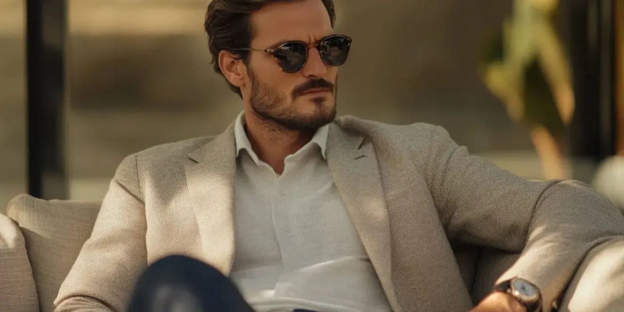 Uomini eleganti con blazer chiaro, occhiali da sole e orologio.