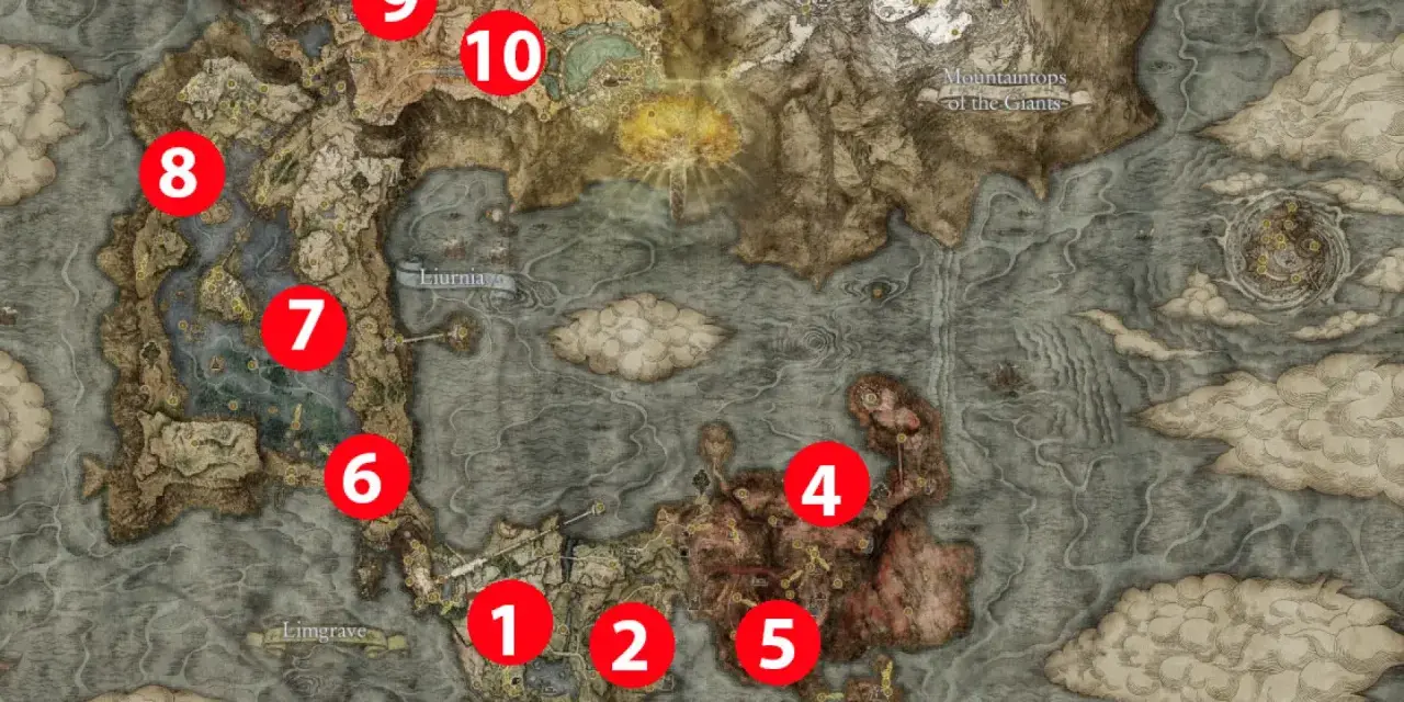 Explora los mapas de Elden Ring, con puntos numerados que señalan ubicaciones clave en Limgrave, Liurnia y Caelid.