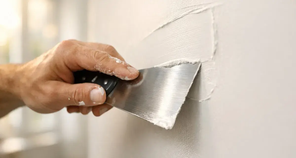 Hand med spackelspade som jämna ut spackel på en vägg. Det är en fin textur på spacklet som inte torkat än.