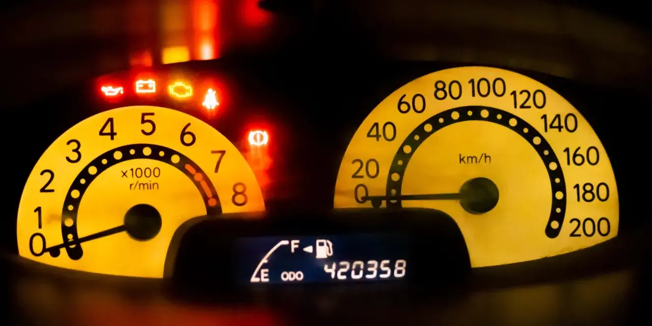 Cruscotto auto con spie accese: olio, batteria, motore, cinture, freno. Tachimetro e contagiri gialli. Display mostra temperatura, livello carburante e chilometraggio. È ora di controllare TPMS.