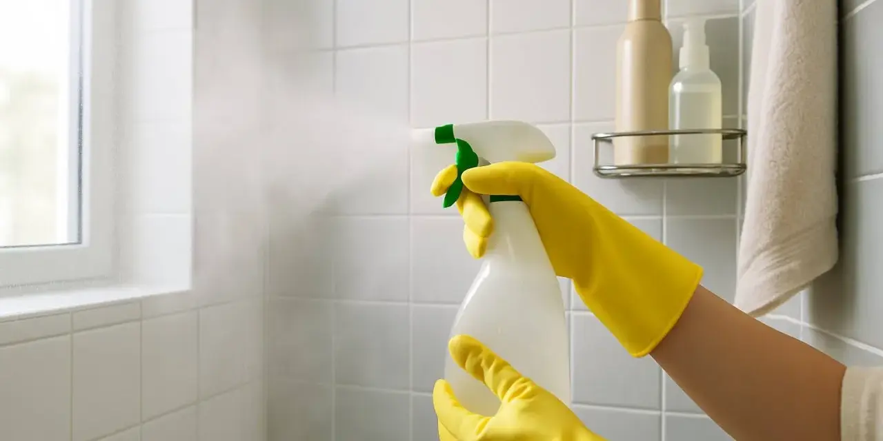 Yellow-gloved hands spray cleaner onto white tile, demonstrating how to clean a tile shower.
