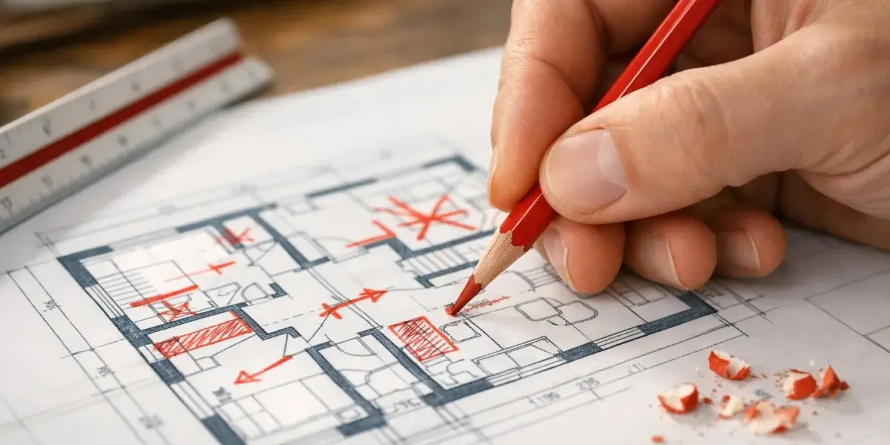 Rysowanie planu domu z zaznaczeniami. Zastanawiasz się, ile kosztuje adaptacja projektu?