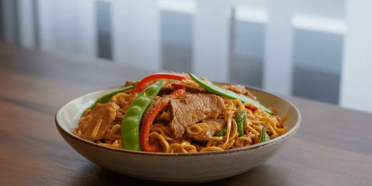 Un plat de nouilles asiatiques avec de l'émincé de porc, des pois gourmands et des poivrons rouges.