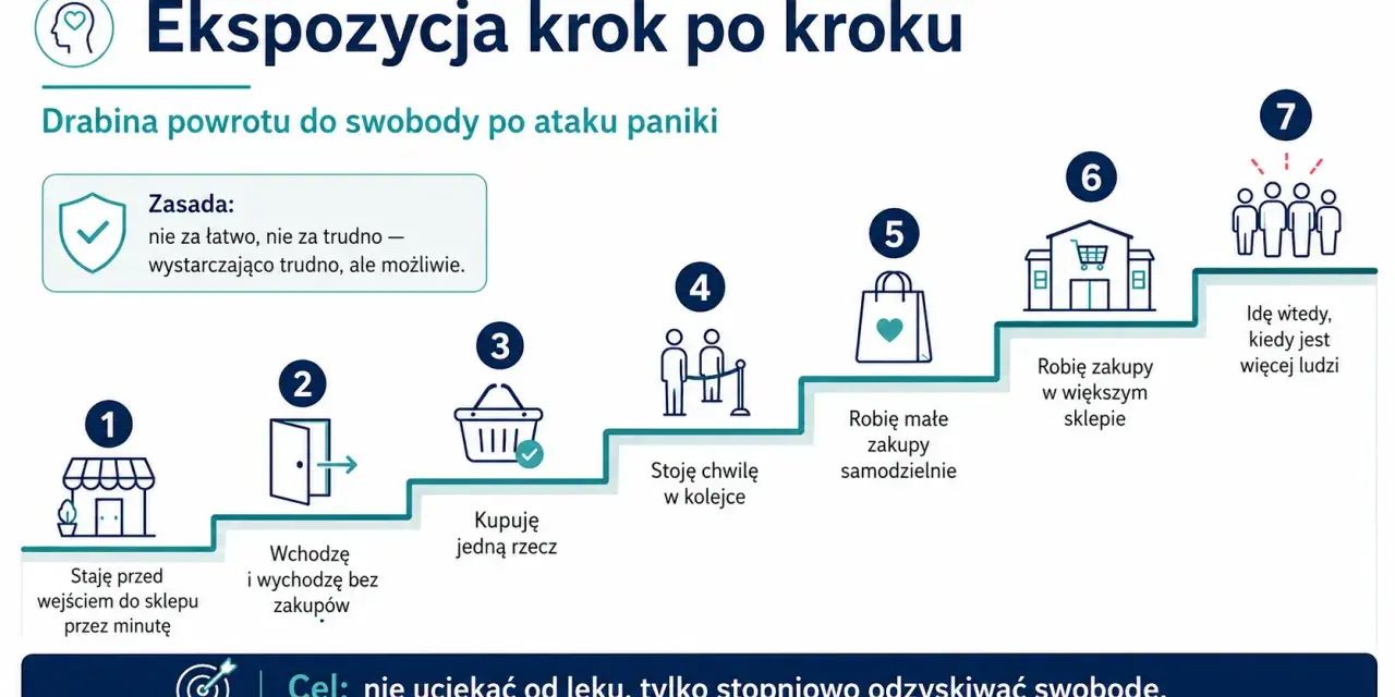 Drabina powrotu do swobody po ataku paniki: od stania przed sklepem do zakupów w tłumie. Stopniowe oswajanie lęku.