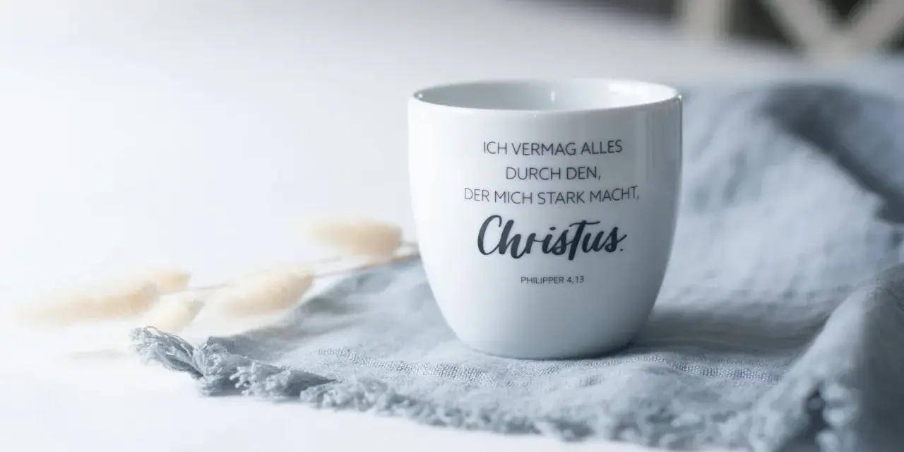 Weiße Tasse mit dem Schriftzug "Ich vermag alles durch den, der mich stark macht, Christus. Philipper 4,13" auf einem grauen Stoff.