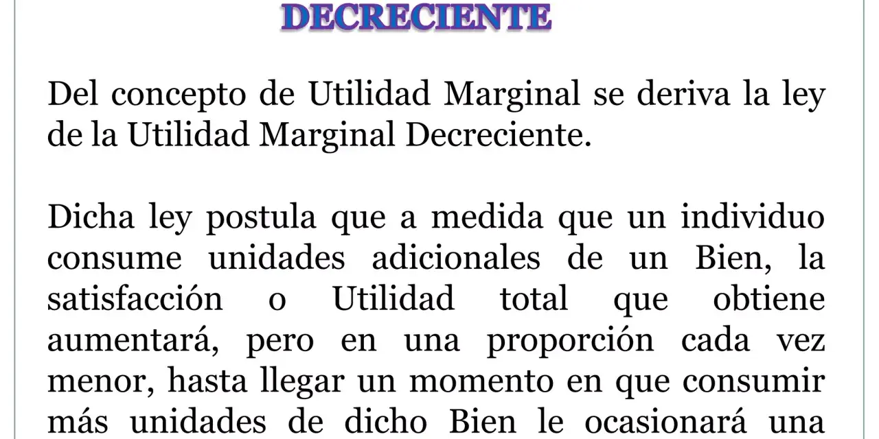 Ley de la Utilidad Marginal Decreciente: explica cómo la satisfacción adicional disminuye con cada unidad consumida, con ejemplos de utilidad marginal.