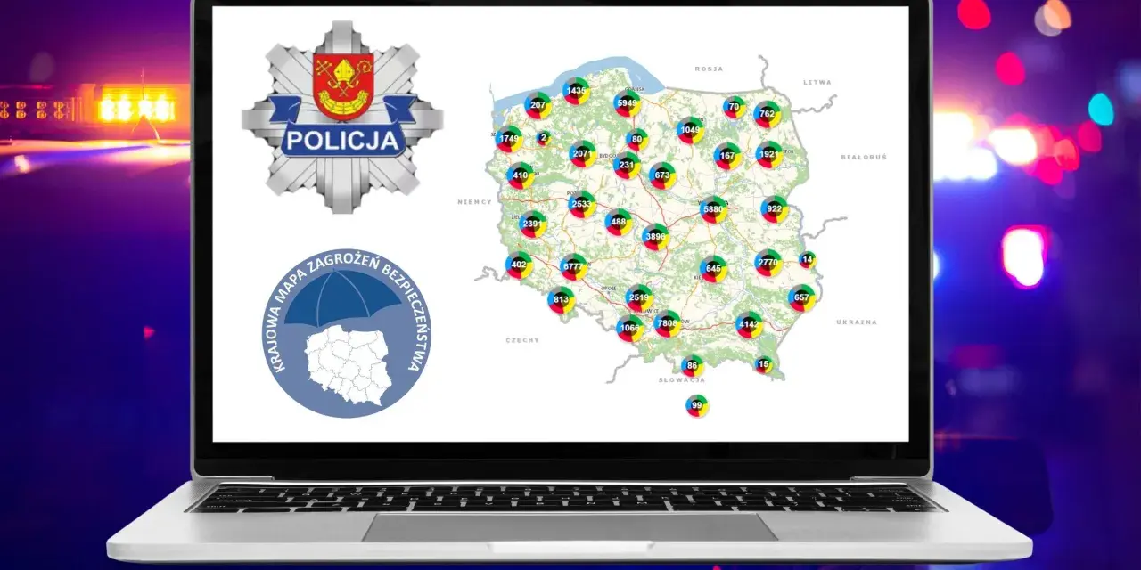 Na ekranie laptopa widnieje mapa Polski z zaznaczonymi punktami, symbolizującymi zagrożenia. Obok widnieje logo policji. Czy łódź jest niebezpieczna? Mapa pokazuje dane, które mogą pomóc ocenić ryzyko.