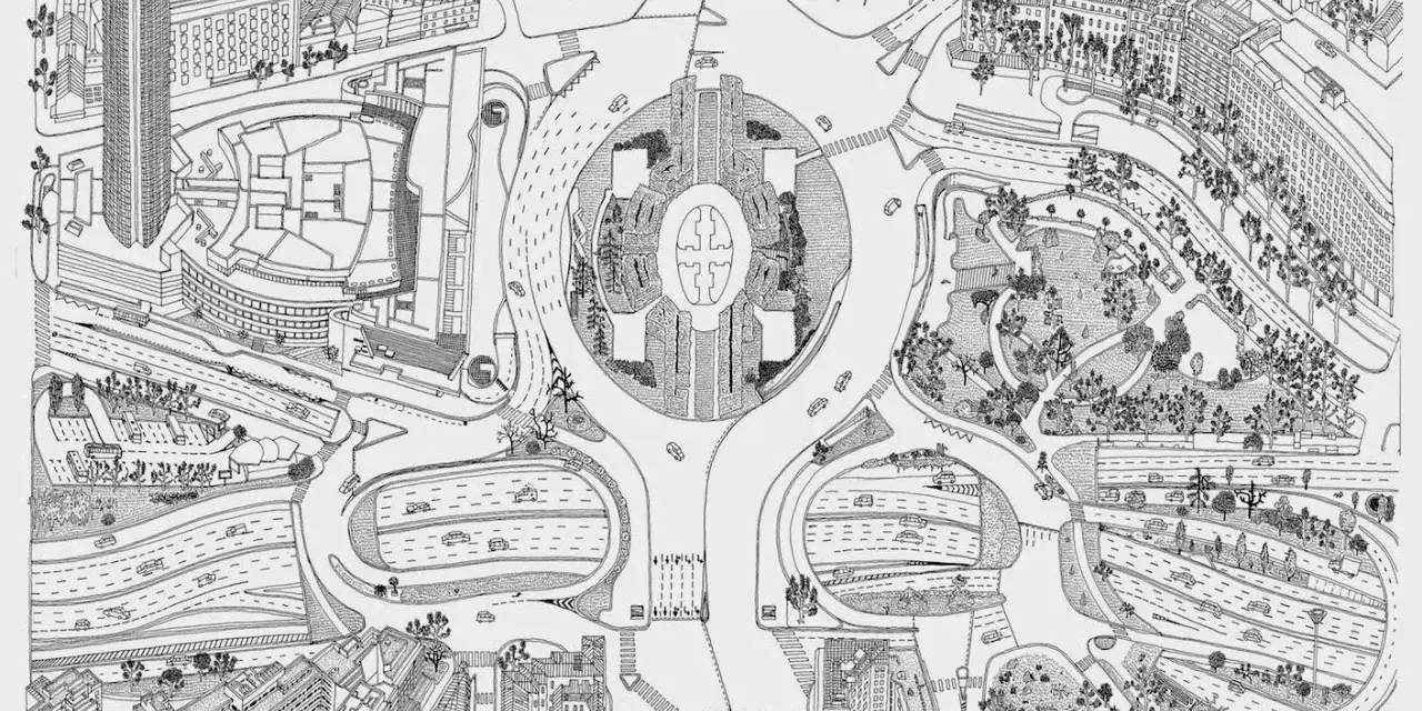 Un croquis de Paris, vu du ciel, avec un rond-point central, des immeubles, des routes sinueuses et un parc verdoyant.
