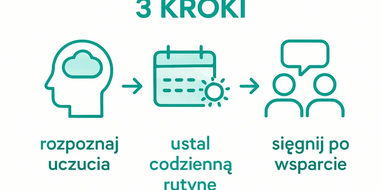 Grafika przedstawia 3 kroki: rozpoznaj uczucia, ustal codzienną rutynę, sięgnij po wsparcie.