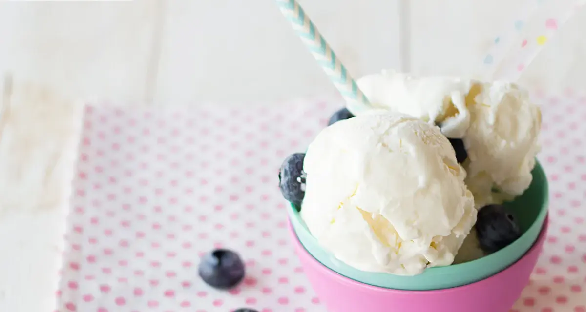 Delicioso helado de yogur casero con arándanos frescos, servido en un cuenco colorido. ¡Un postre perfecto para refrescarse!