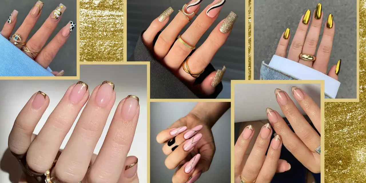 Manicure con unghie metallizzate oro, glitter e design geometrici. Un tocco di lusso per le tue mani.