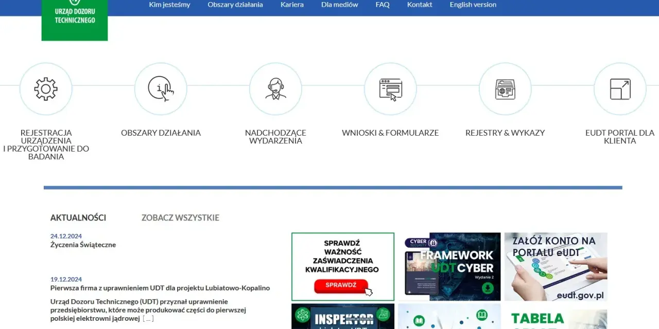 Strona UDT. Informacje o przedłużenie uprawnień UDT, rejestracja, wnioski, edukacja i inne.