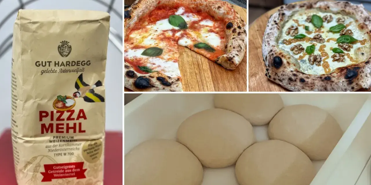 GUT HARDEGG PIZZA MEHL: Die Zutaten für den perfekten Pizzateig. Hier siehst du das Mehl, fertige Pizzen und Teiglinge.