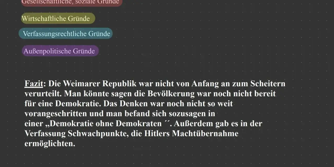 Die Weimarer Republik scheiterte an gesellschaftlichen, wirtschaftlichen, verfassungsrechtlichen und außenpolitischen Gründen. Die Bevölkerung war nicht bereit für Demokratie.