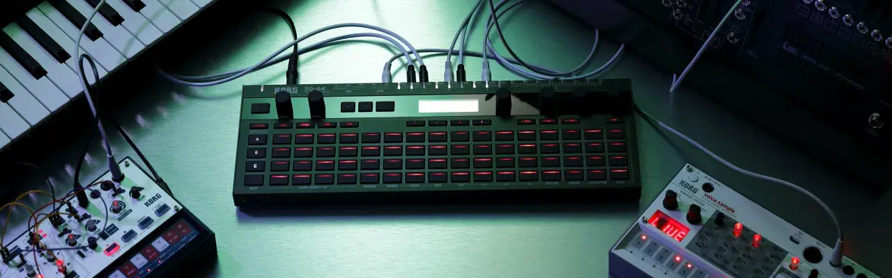 Zielony Korg SQ-64 z podświetlanymi na czerwono przyciskami, otoczony innymi syntezatorami i klawiaturą, tworzy scenę do tworzenia muzyki.