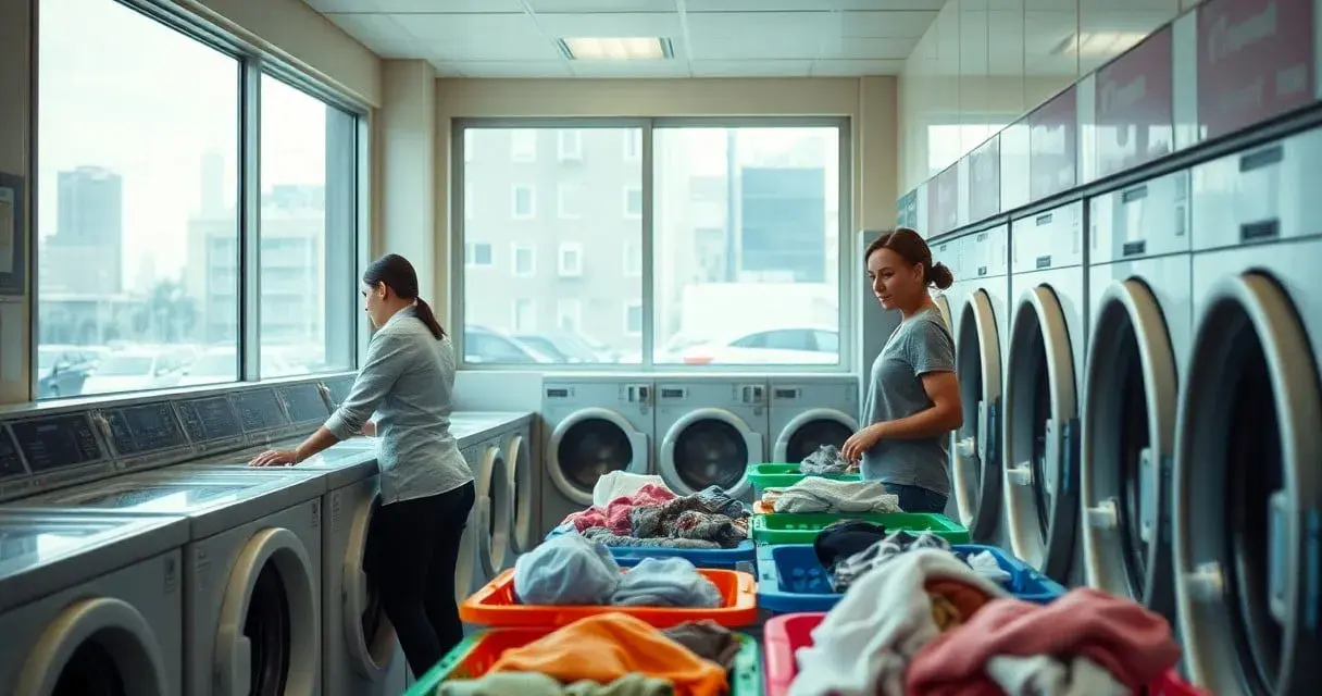 Donne in una lavanderia a gettoni, una legge le istruzioni lavatrice, l'altra prepara il bucato.