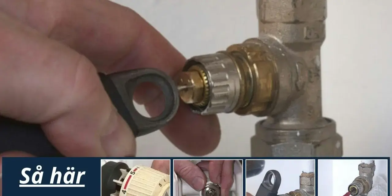 Så här gör du för att justera termostaten på ett element som inte blir varmt. Bilderna visar hur man använder verktyg för att komma åt ventilen.