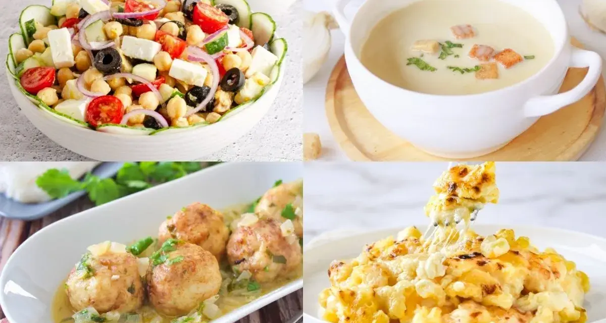 Cuatro platos de comida: ensalada de garbanzos, sopa cremosa, albóndigas y macarrones con queso.