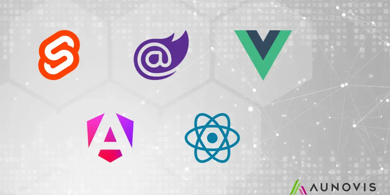 Logos von Svelte, Blazor, Vue, Angular und React – die Werkzeuge für modernes frontend design.