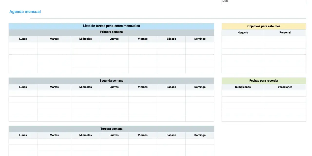 Agenda mensual con listas de tareas, objetivos y fechas para recordar. Un calendario para agendar citas gratis y organizar tu mes.