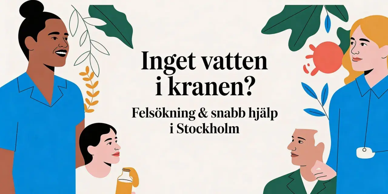 Ingen varmvatten i kranen? Felsökning och snabb hjälp i Stockholm. Illustration med människor och växter.