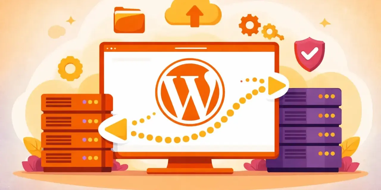 Illustration d'une migration WordPress : un écran affiche le logo WordPress, avec des serveurs et une flèche de transfert de données.