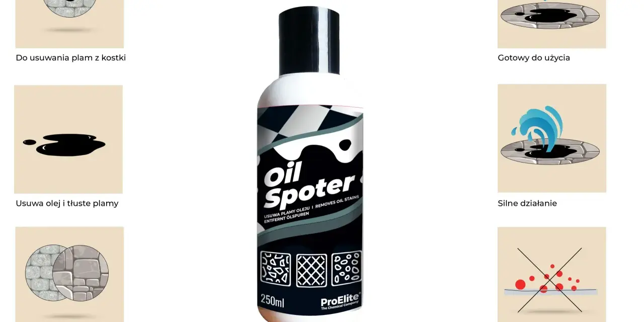 Chcesz wiedzieć, czym zmyć olej z kostki? Ten środek "Oil Spotter" skutecznie usuwa plamy oleju i tłuszczu z kostki brukowej i kamienia.