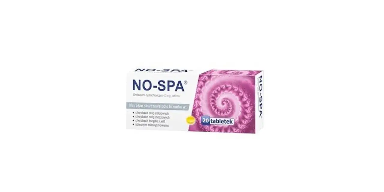 Opakowanie leku NO-SPA forte z 20 tabletkami, wskazane na bóle brzucha, np. przy bolesnym miesiączkowaniu.