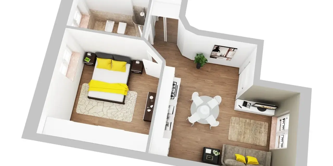 Progetto casa 40 mq rettangolare: camera da letto, bagno, cucina a vista, zona pranzo e soggiorno con divano e TV.