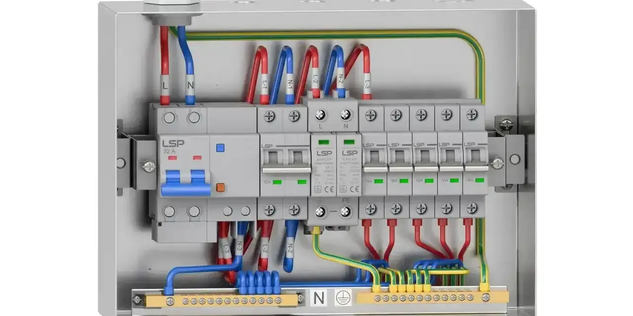 Wnętrze metalowej skrzynki elektrycznej z wyłącznikami i przewodami. Widać instalację rbk z bezpiecznikami i listwami zaciskowymi.