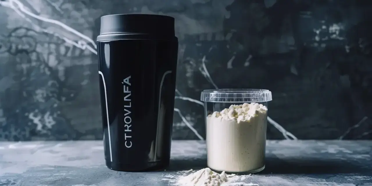 Czarny shaker i pojemnik z proszkiem. Cytrulina co daje? Poprawia wydolność i regenerację.