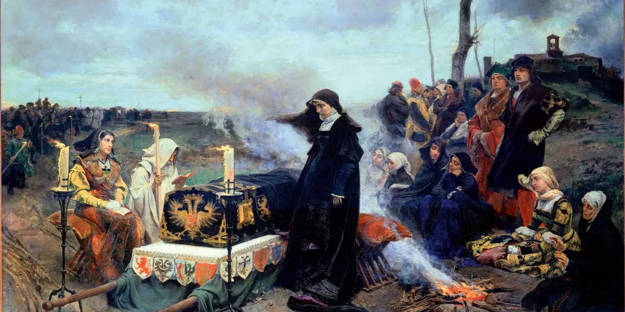 Los hijos de Juana la Loca y Felipe el Hermoso, en un cortejo fúnebre, acompañan un féretro bajo un cielo nublado.