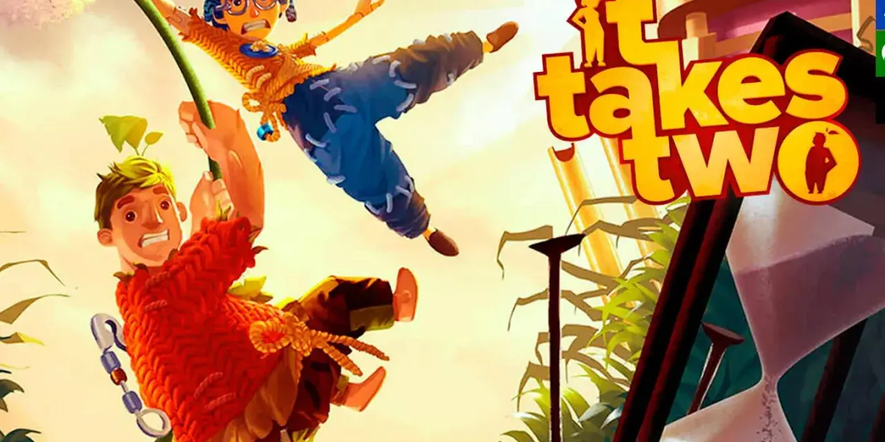 Dos personajes animados, un chico y una chica, se balancean en un diente de león. El título del juego, "It Takes Two", aparece en letras grandes y coloridas.