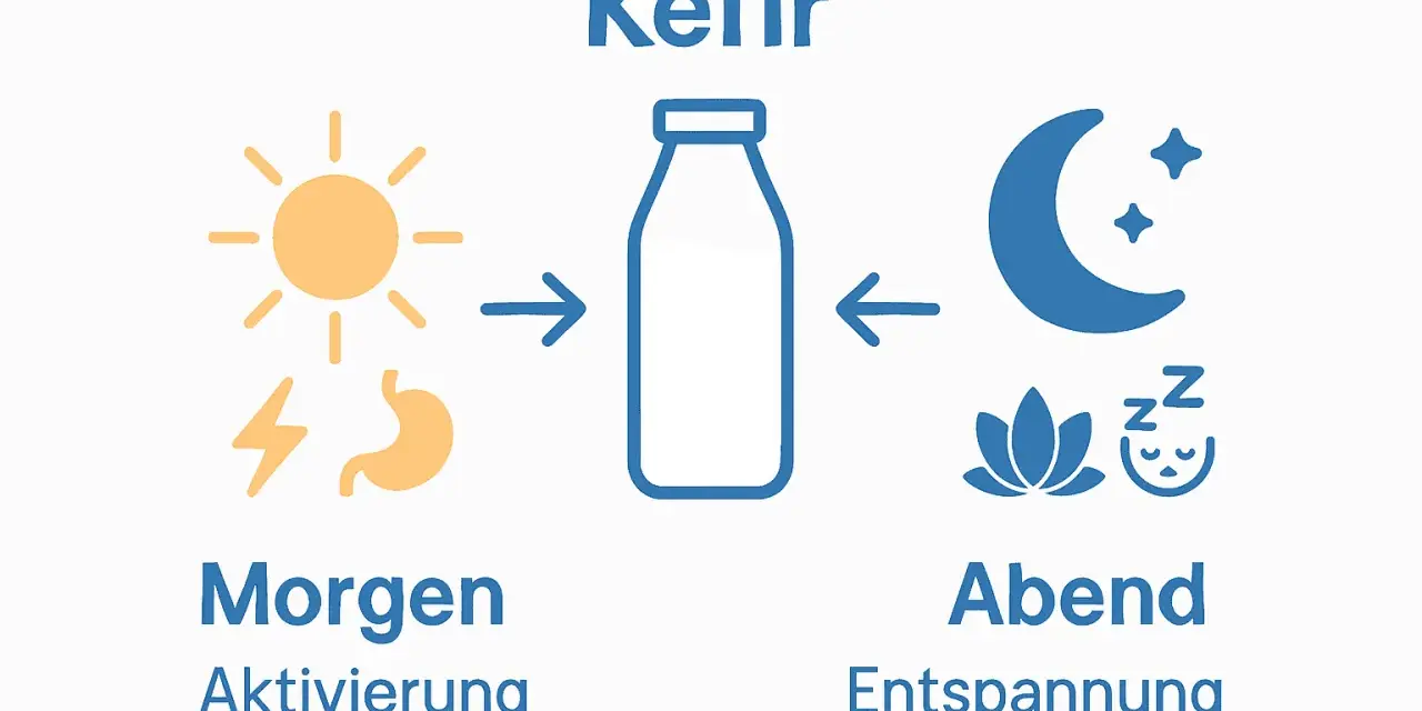 Kefir na noc dla relaksu. Obrazek pokazuje słońce i żołądek po lewej (aktywacja rano) oraz księżyc, kwiat i śpiącą twarz po prawej (relaks wieczorem).