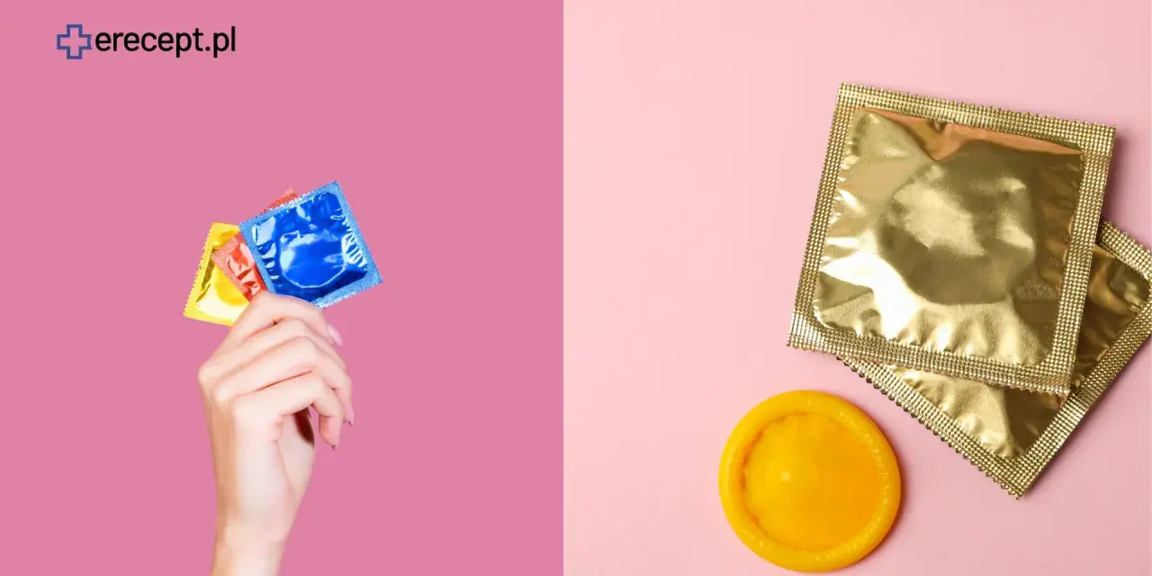 Durex co to? Różne rodzaje prezerwatyw w kolorowych opakowaniach i jedna rozłożona, gotowa do użycia.