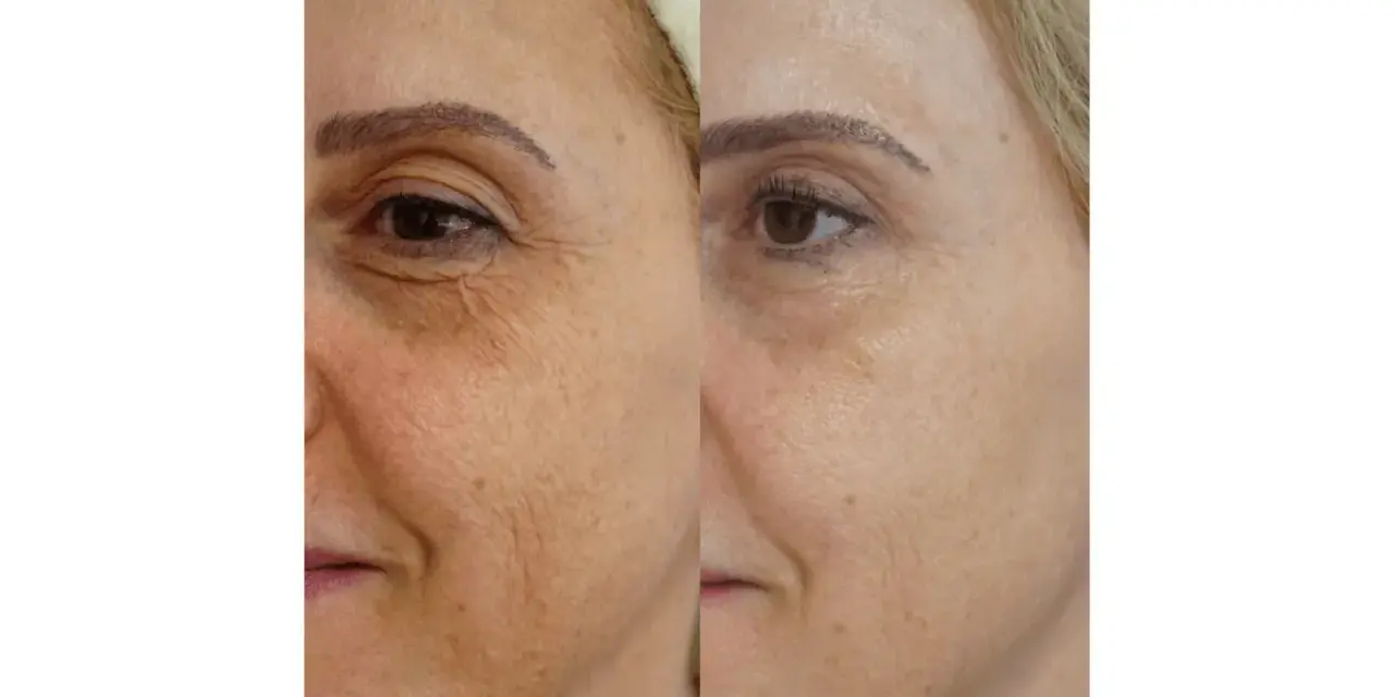 Vorher-nachher-Vergleich der Haut einer Frau: Deutliche Reduzierung von Falten und Pigmentflecken nach Anwendung von Retinol.