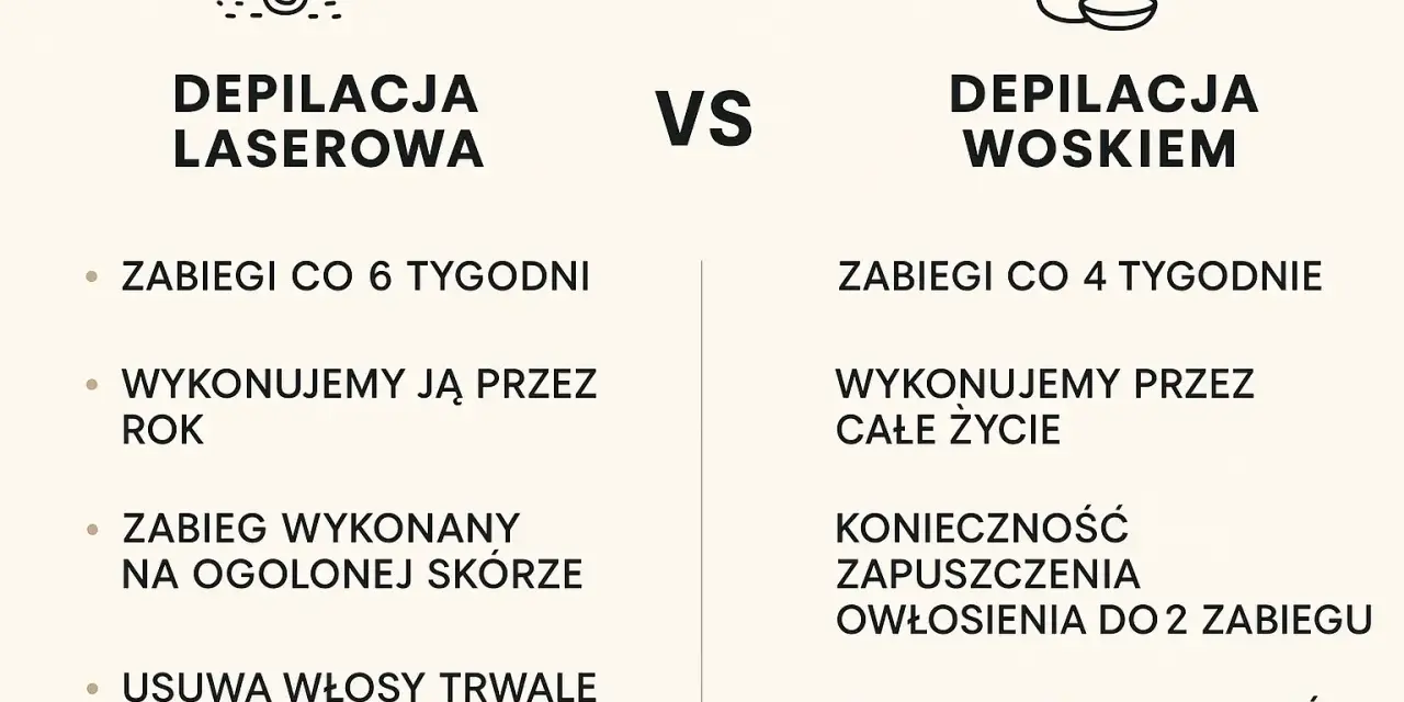 Porównanie depilacji laserowej i woskiem: laser działa trwale, zabiegi co 6 tyg. przez rok. Wosk wymaga ciągłych zabiegów.
