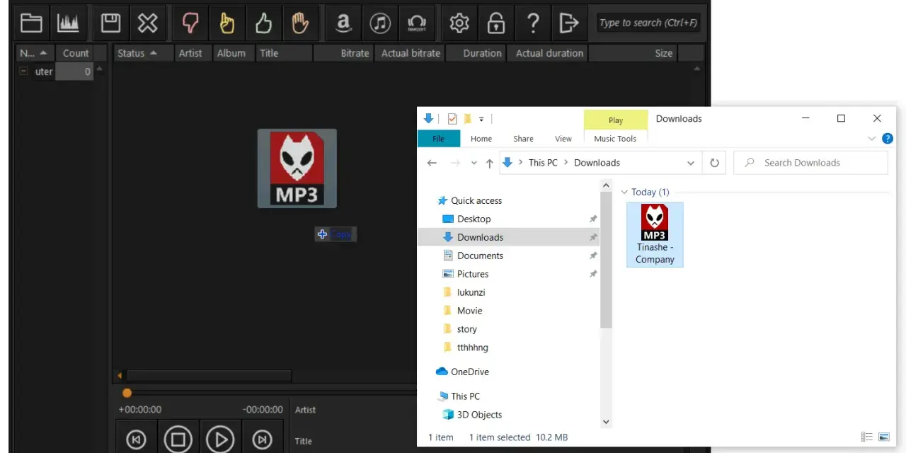 Odtwarzacz muzyki pokazuje plik MP3. W oknie "Downloads" widać plik "Tinashe - Company", a w nagłówku kolumn odtwarzacza jest "Bitrate co to".