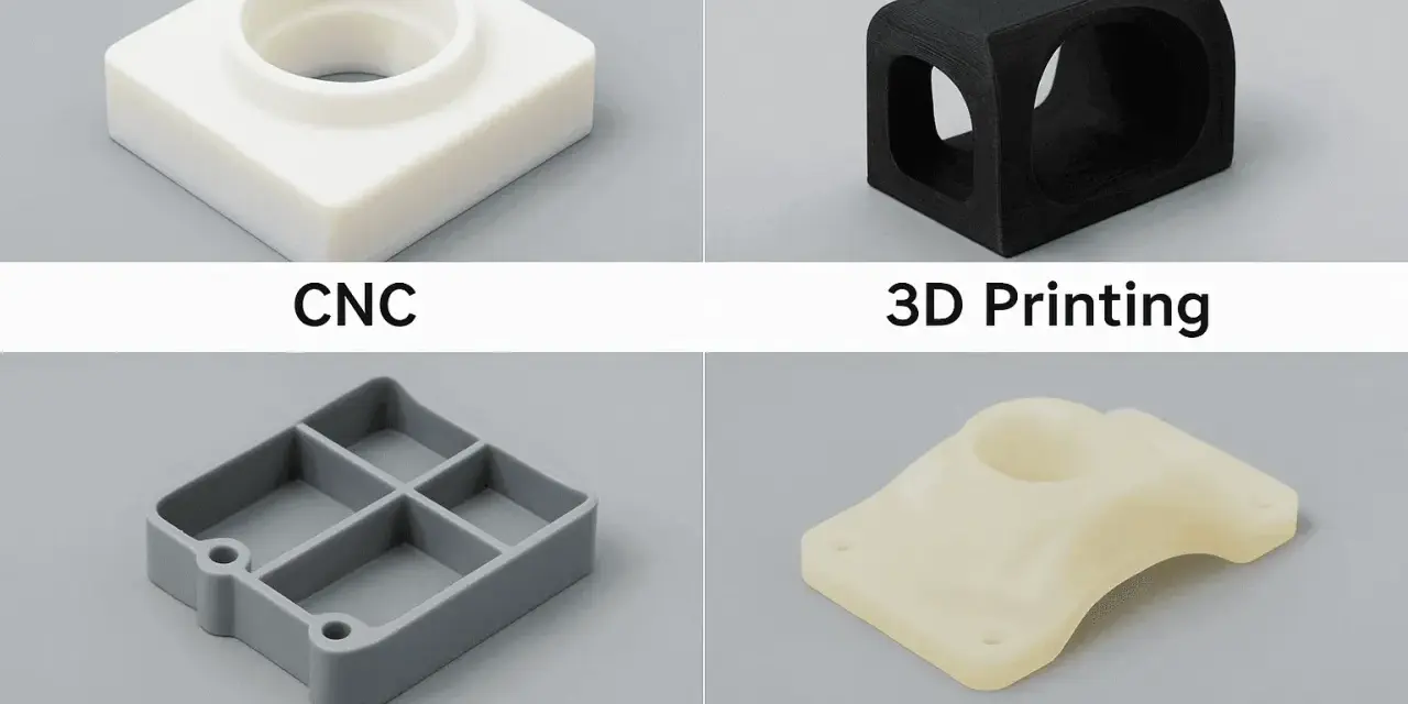 Four manufacturing methods: CNC (subtractive manufacturing), 3D Printing, Injection Molding, and Vacuum Casting, each showcasing a different prototype part.